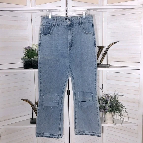 Fashion Nova Y2K Distressed Blue Wide Leg Jeans Plus Size - Picture 2 of 10